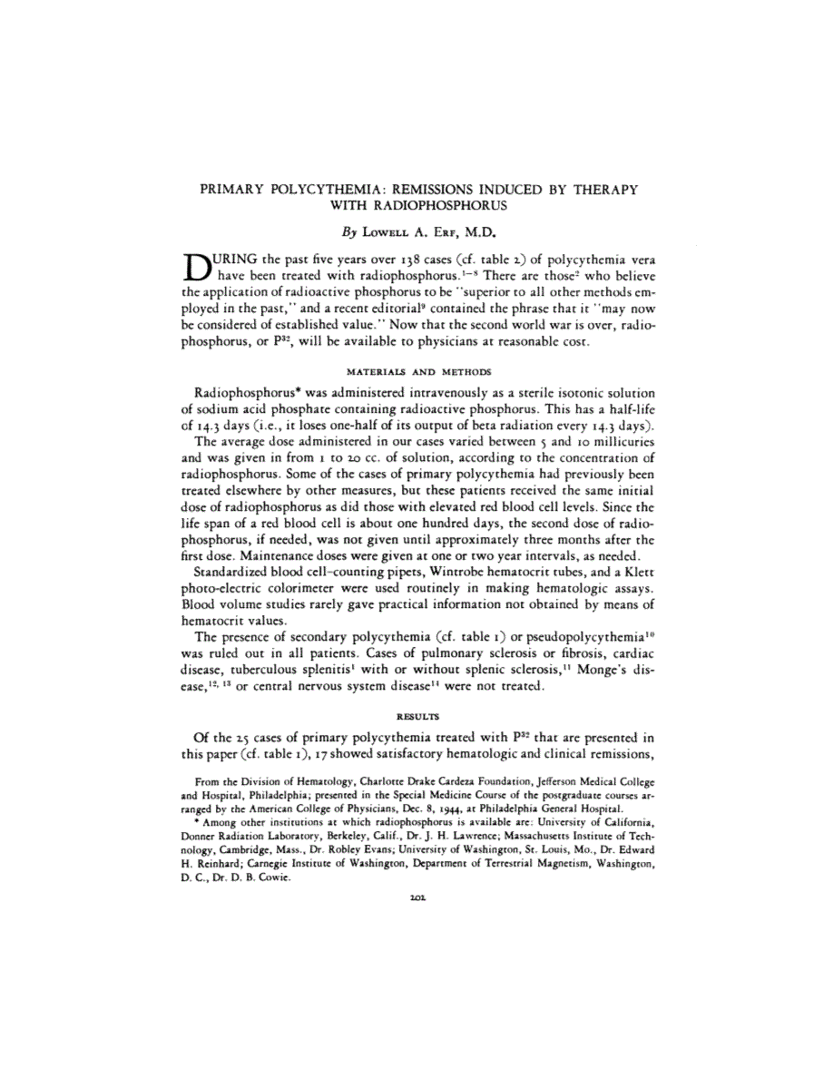First page of PRIMARY POLYCYTHEMIA: REMISSIONS INDUCED BY THERAPY WITH RADIOPHOSPHORUS