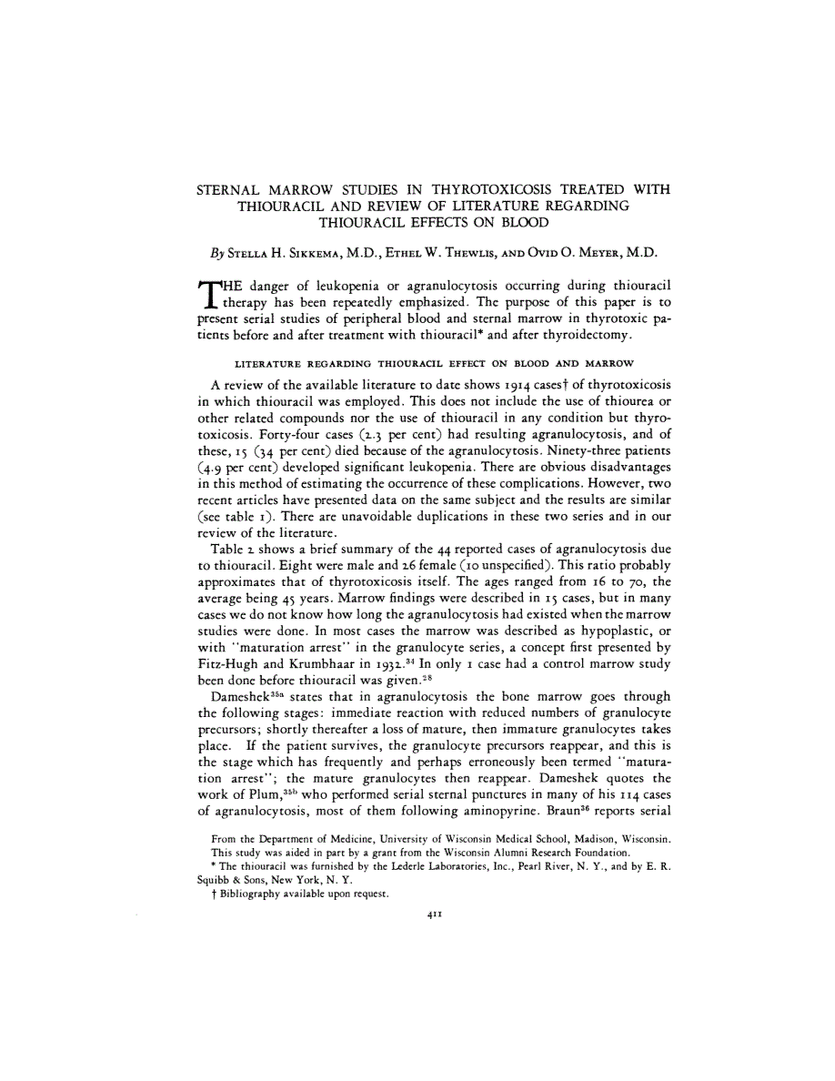 First page of STERNAL MARROW STUDIES IN THYROTOXICOSIS TREATED WITH THIOURACIL AND REVIEW OF LITERATURE REGARDING THIOURACIL EFFECTS ON BLOOD
