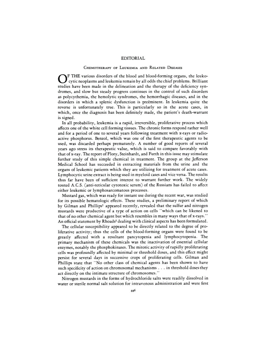 First page of EDITORIAL <subtitle>CHEMOTHERAPY OF LEUKEMIA AND RELATED DISEASES</subtitle>