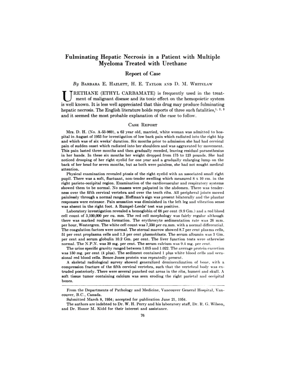First page of Fulminating Hepatic Necrosis in a Patient with Multiple Myeloma Treated with Urethane <subtitle>Report of Case</subtitle>