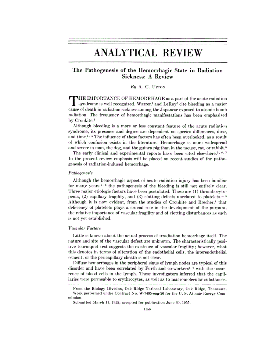 First page of Analytical Review: The Pathogenesis of the Hemorrhagic State in Radiation Sickness: A Review