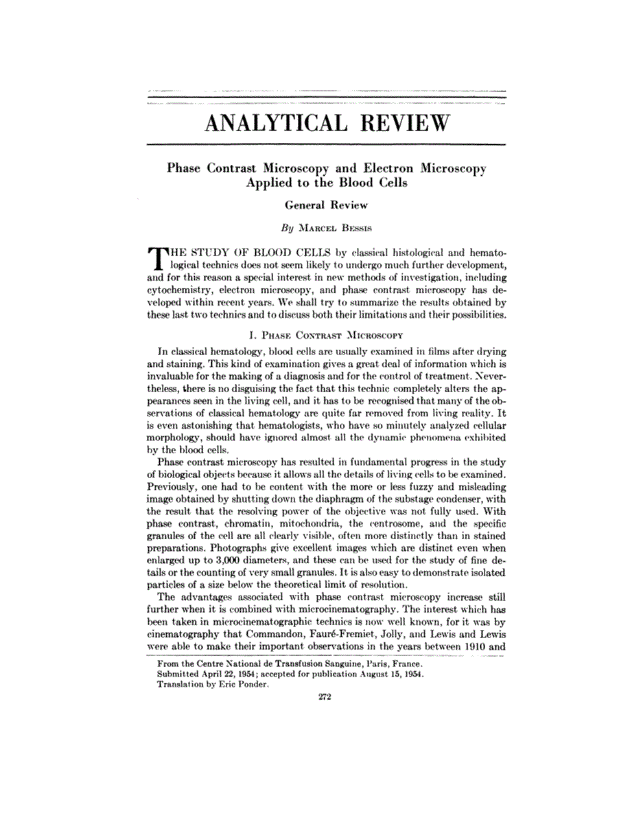 First page of Analytical Review: Phase Contrast Microscopy and Electron Microscopy Applied to the Blood Cells <subtitle>General Review</subtitle>
