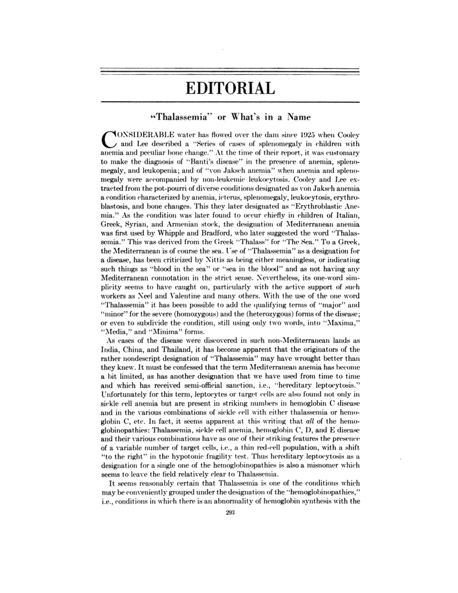 First page of Editorial: "Thalassemia" or What’s in a Name
