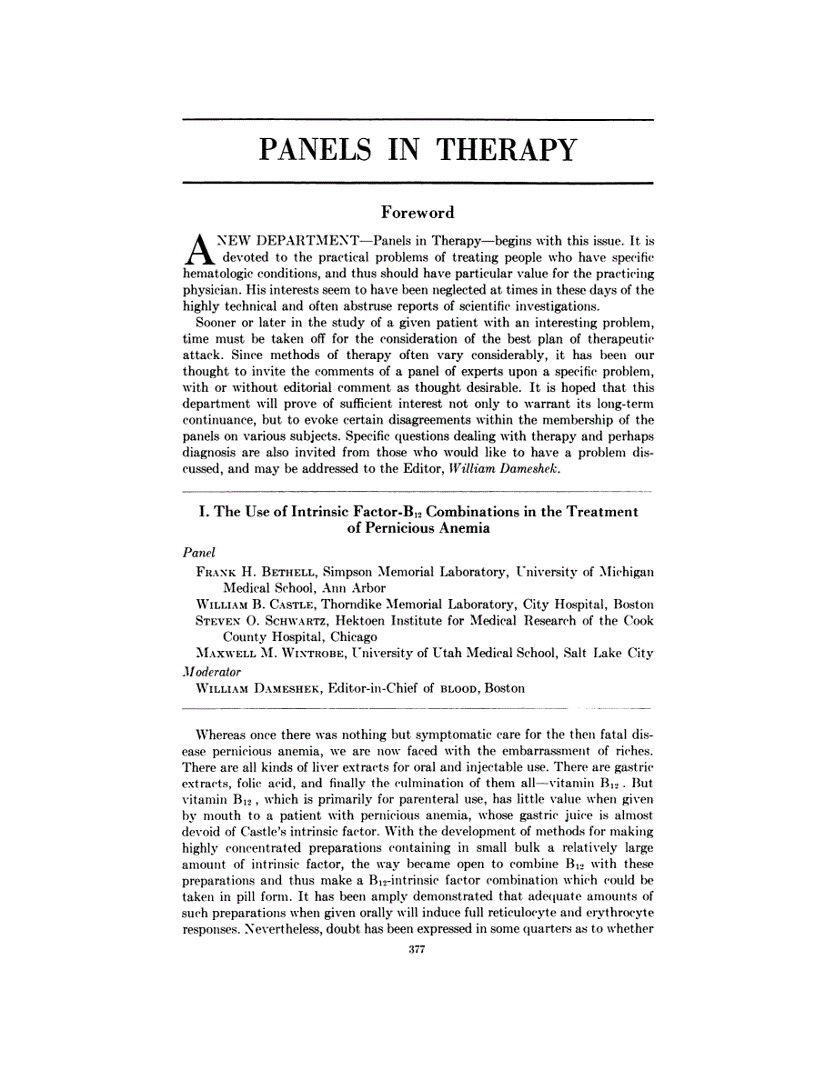First page of Panels in Therapy: A New Department I. The Use of Intrinsic Factor-B<sub>12</sub> Combinations in the Treatment of Pernicious Anemia