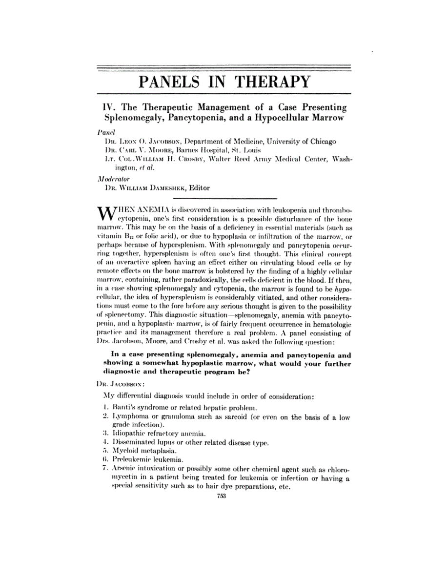 First page of Panels in Therapy. IV. The Therapeutic Management of a Case Presenting Splenomegaly, Pancytopenia, and a Hypocellular Marrow