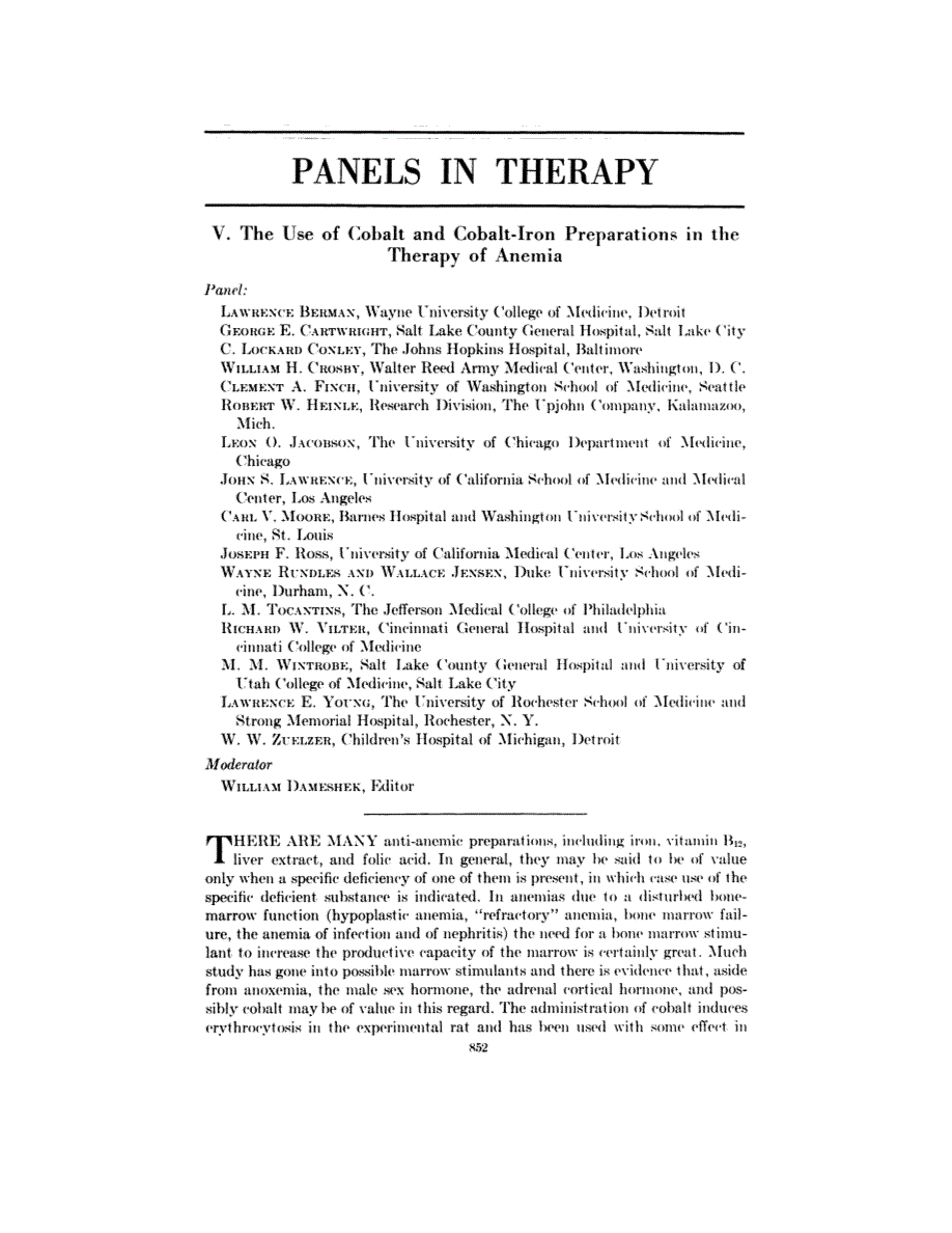 First page of Panels in Therapy: V. The Use of Cobalt and Cobalt-Iron Preparations in the Therapy of Anemia