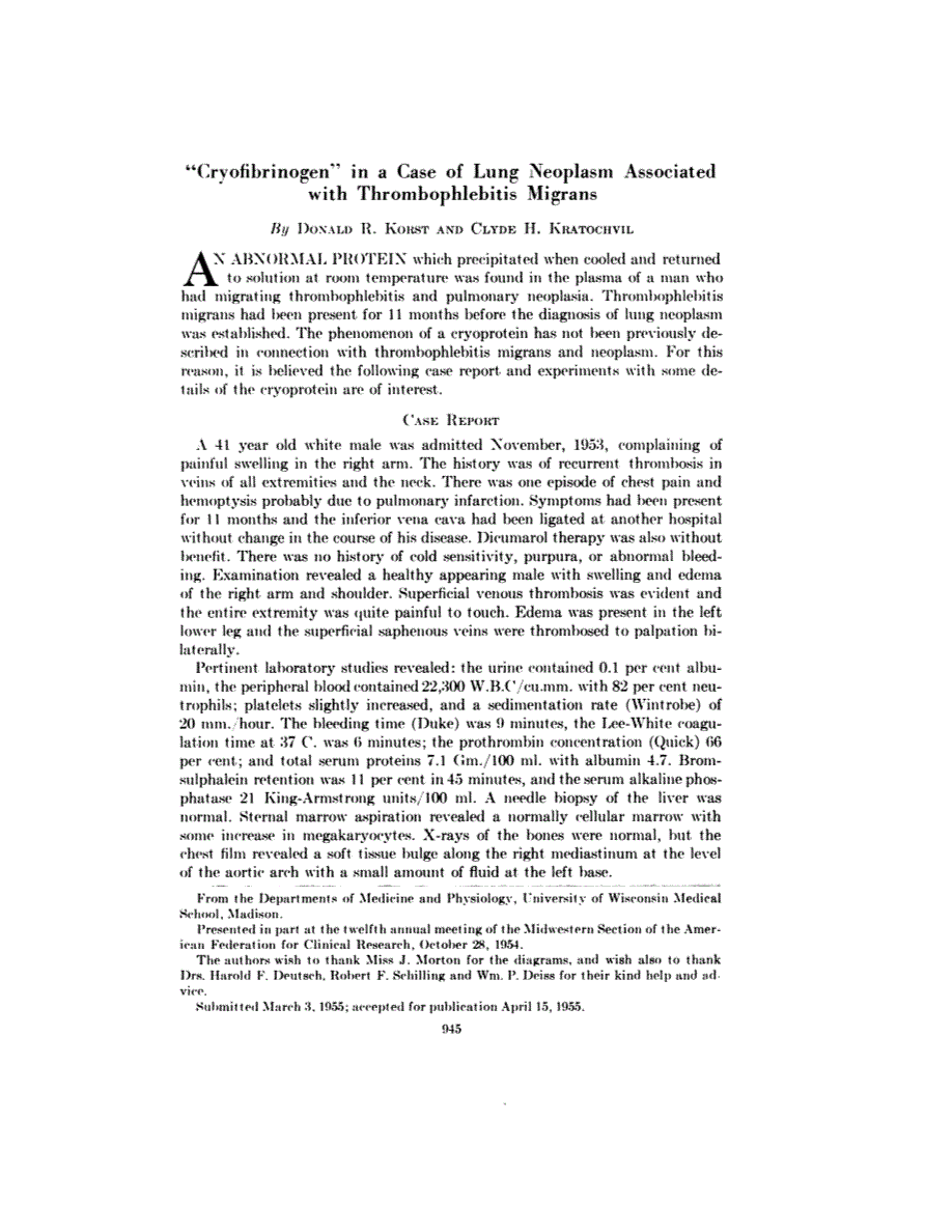 First page of "Cryofibrinogen" in a Case of Lung Neoplasm Associated with Thrombophlebitis Migrans
