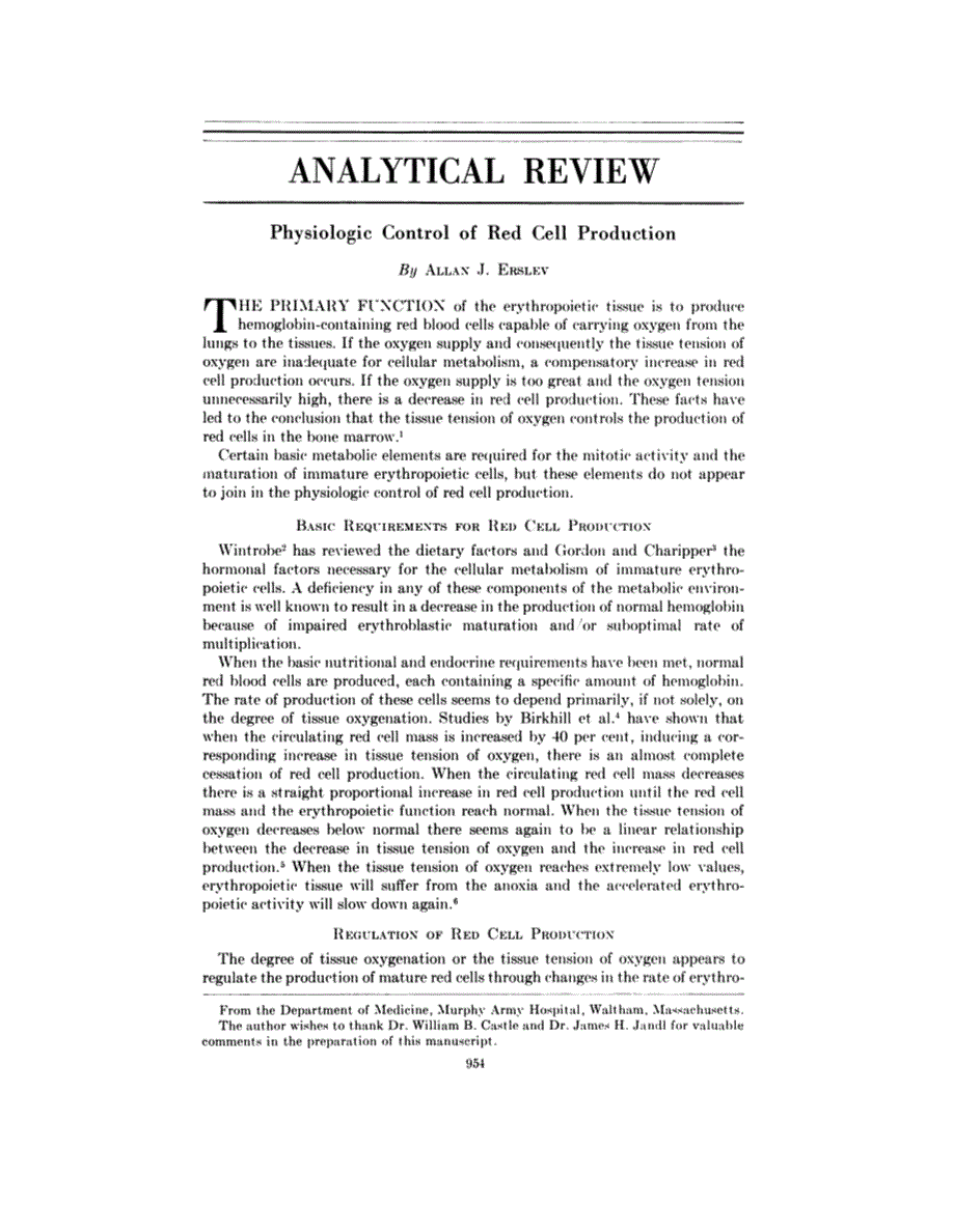 First page of Analytical Review: Physiologic Control of Red Cell Production