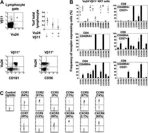Fig. 1. Expression of chemokine receptors by human NKT cells in circulation. / (A) Phenotype and frequency (n = 33) of human NKT cells examined in this study. (B) Chemokine receptor expression by Vα24+Vβ11+ NKT cells, CD4 (naive CD45RA+ and memory CD45RA−), and CD8 (naive CD45RA+CD27+, memory CD45RA−CD27+, and effector CD45RA+CD27−) T-cell subsets. Different symbols represent data from different donors, and horizontal bars represent averages (NKT cells, the upper left panel). Results from 6 donors (NKT cells) or averages ± SD from 4 donors (CD4 and CD8 T-cell subsets) are shown. (C) Chemokine receptor expression by Vα24+ Vβ11+ NKT cells shown as dot plots. Percentages positive are shown in parentheses.