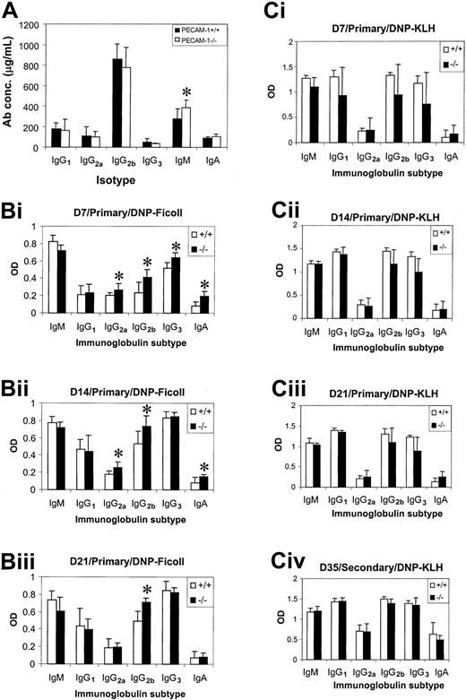 Fig. 7. Humoral immune responses in PECAM-1−/−mice upon challenge with T-cell–independent antigen, DNP-Ficoll, and T-cell–dependent DNP-KLH. / (A) Serum Ig levels were determined in 8-week-old nonimmunized wild-type (PECAM-1+/+) (n = 10) and PECAM-1−/− (n = 10) animals using a capture antibody ELISA (asterisk denotes statistical significance; paired Studentt test; P < .001). (B) Eight-week-old PECAM-1−/− mice produced increased levels of IgG2a, IgG2b, IgG3, and IgA upon antigen challenge with a T-cell–independent antigen, DNP-Ficoll. Mice were immunized with 20 μg alum-precipitated DNP-Ficoll intraperitoneally on day 0 and bled on days 7, 14, and 21. DNP-specific antibodies were determined using a DNP-BSA capture ELISA and isotype-specific antisera (asterisk denotes statistical significance; paired Student t test; P < .001; n = 8). (C) T-cell–dependent antigen DNP-KLH induces comparable antibody responses in 8-week-old wild-type (PECAM-1+/+) and PECAM-1−/− mice. Mice were immunized with 100 μg alum-precipitated DNP-KLH intraperitoneally on days 0 and 21 and bled on days 7, 14, 21, and 35. DNP-specific antibodies were determined using a DNP-BSA capture ELISA and isotype-specific antisera (paired Student t test; P > .05; n = 8). Sera isolated from PECAM-1+/+ and PECAM-1−/− mice at days 7, 14, and 21 were diluted from 1:1000, while at day 35 sera were diluted from 1:10 000 before assay.