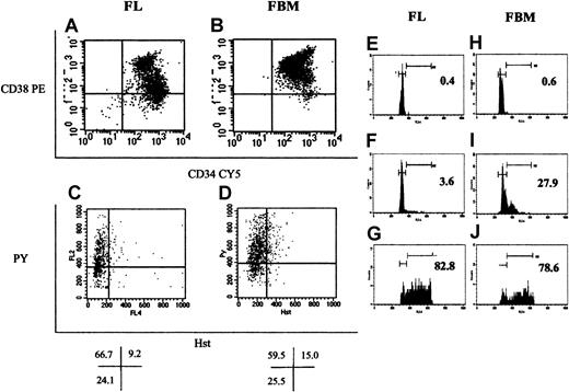 Fig. 1. Phenotypic differences between FL and FBM CD34+ cells. / Selected FL and FBM cells were analyzed for the expression of CD34 (x-axis) and CD38 (y-axis), as shown in panels A and B, respectively. A larger group of CD34+CD38−cells was detected among FL than among FBM CD34+ cells. In addition, cells expressing higher levels of CD38 (CD38++) were more prominent among FBM cells. Most FL CD34+CD38+ cells coexpressed CD33+, whereas most of the corresponding FBM cells were CD19+(data not shown). Panels C and D depict Hst (x-axis) and PY (y-axis) staining of FL and FBM CD34+ cells, respectively. Percentages of cells in the different phases of the cell cycle (given as percentages in each quadrant under panels C and D) were similar for FL and FBM. The horizontal cursor separating G0 from G1 cells was positioned to separate PY staining into the lower one fourth containing G0 cells and the upper three fourths containing G1 cells. Data shown in panels A through D were derived from the analysis of FL and FBM cells from one fetus. FL (E-G) and FBM (H-J). CD34+ cells were sorted into G0, G1, and S/G2+M cells based on their Hst and PY staining pattern. Sorted cells were stained with propidium iodide and were analyzed on a FACScan for their cell cycle status, shown for G0 cells in panels E and H, for G1 cells in panels F and I, and for S/G2+M cells in panels G and J. Numbers inside panels E through J represent the percentages of cells detected in S/G2+M in each sorted group based on the positions of the gates to the right in each panel. Gates shown to the left in panels E through J denote the position of cells in G0/G1.