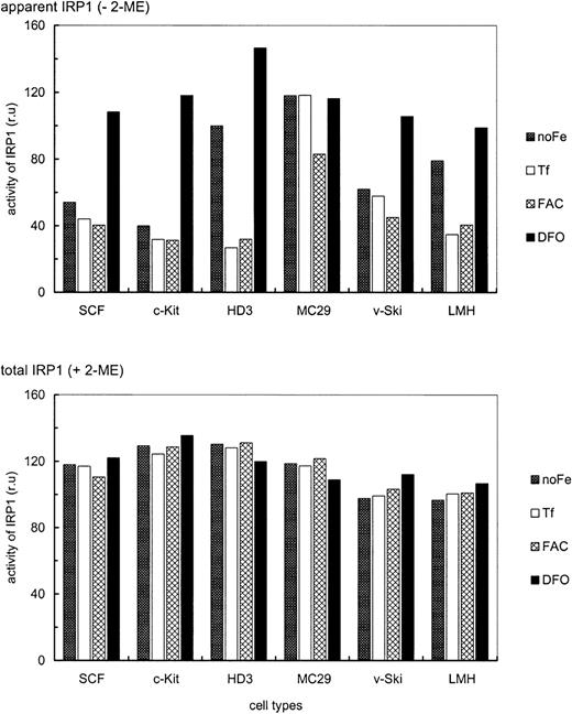 Fig. 5. Iron-dependent modulation of IRP1 activity in erythroid versus nonerythroid cells. / IRE/IRP EMSAs were performed with cytoplasmic extracts of the following erythroid and nonerythroid cells: SCF progenitors (SCF), c-Kit progenitors (c-Kit), HD3E22 erythroblasts (HD3), MC29-HD11 macrophages (MC29), v-Ski progenitors (v-Ski), and leghorn male hepatocytes (LMH). The cells were cultured in the presence of 1 mg/mL Tf (Tf), 20 μg/mL FAC (FAC), 50 μM DFO (DFO) or in the absence of any additional iron source (no Fe). Apparent (−2-ME) and total IRP1 (+2-ME) activities were quantified as described in the legend of Figure 2 and in “Materials and methods” and are expressed in relative units, which are directly comparable within this data set.
