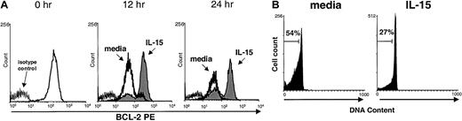 Fig. 3. Maintenance of Bcl-2 protein and survival of NK cells cultured with IL-15. / (A) Freshly isolated murine NK cells were stained for baseline (0 hour) expression of Bcl-2 protein by using intracellular flow cytometry and again after culture for 12 and 24 hours with 10 ng/mL IL-15 (shaded area) or medium alone (dark line). NK cells cultured in IL-15 maintained significantly higher mean fluorescence intensity (MFI) of Bcl-2 staining than those cultured in medium alone (158.9 ± 80.4 versus 58.1 ± 17.6; P = .05; n = 4 at 12 hours and 152.4 ± 58.3 versus 28.9 ± 21.0; P = .03; n = 3 at 24 hours). Results are representative of four 12-hour and three 24-hour experiments. (B) Viability of enriched NK cells cultured in the presence of IL-15 (10 ng/mL) for 24 hours was assessed with PI staining. NK cells cultured with IL-15 had 50% less cell death than cells cultured in medium alone (n = 3). Results from one representative experiment are shown.