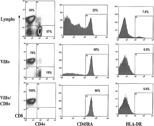 Fig. 7. Flow cytometric analysis of total lymphocytes and the TCR-Vβ 8+ T cells from UPN 11. / CD4/CD8, CD45 RA, and HLA-DR expression on unfractionated lymphocytes (top row), TCR-Vβ 8+ lymphocytes (middle row), and CD8+ TCR-Vβ8+ lymphocytes (bottom row).