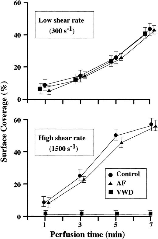 Fig. 1. Time-course changes in surface coverage by thrombi generated during perfusion of blood from normal controls, an AF patient, or a type 3 VWD patient. / A collagen-coated coverslip was fixed at several time points (1, 3, 5, and 7 minutes after initial platelet-surface interaction) during perfusion, and platelet thrombi labeled with mepacrine on a coverslip were evaluated by CLSM. The percentage of the area covered by thrombi (surface coverage) in a defined area (211 × 317 μm) within a frame was calculated at a height of 2 μm from the collagen surface. In control thrombi, each data point represents the average (± SD) of 15 areas examined (5 areas randomly selected in 3 independent perfusions of blood from 3 individual donors, respectively). In AF or VWD thrombi, each data point represents the average (± SD) of 10 areas examined (5 areas randomly selected in each of 2 separate perfusions). Under high shear rate (1500 s−1), the surface coverage of AF thrombi increased as a function of perfusion time to an extent comparable to that of controls, whereas almost no platelet-surface interactions were observed in the perfusion of VWD blood. In contrast, the surface coverage of AF or VWD thrombi was comparable to that of healthy controls throughout the observation periods under low shear rate conditions (300 s−1).