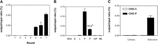 Fig. 1. Isolation and specificity of human P-selectin–binding phage. / (A) Selection on immobilized human PS-IgG using the pComb8 phage display peptide library, resulting in a 200-fold enrichment of P-selectin–binding phage in the fifth round of selection. (B) The enriched phage pools were specific for PS-IgG compared with human E-selectin–Ig (E-Sel-IgG) and L-selectin–IgG, and mouse PS-IgG (mP). Binding was reduced in the absence of calcium. Nonspecific phage pools (NS) showed little binding to human P-selectin. (C) Selected phage pools (Selection) specifically bound human P-selectin–transfected CHO cells compared with nonselected library phage (Library). Values are expressed as the ratio of acid-eluted phage (output) and input titer (generally 109-1010colony-forming units) and represent means of duplicate experiments ± variation.
