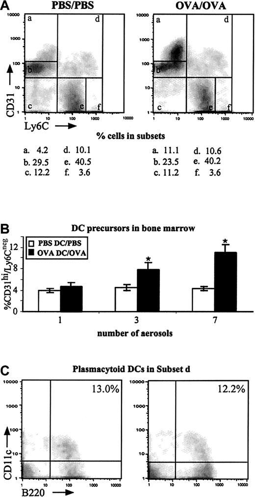 Fig. 5. Effect of OVA or PBS aerosol exposure on the cellular composition of BM. / OVA-DC– or PBS-DC–immunized mice were challenged with either 1 ×, 3 ×, or 7 × daily OVA or PBS aerosols. At 24 hours after the last challenge, BM was collected and stained for Ly-6C and CD31. (A) Using this combination of markers, 6 distinct populations can be identified. Morphologically, these populations consist of: (a) 70% blast cells and 25% lymphoid cells; (b) lymphoid cells; (c) erythroid cells; (d) myeloid progenitors and plasmacytoid cells; (e) granulocytes; (f) 75% monocytes and 20% myeloid progenitors.19 Plots represent Ly-6C/CD31 staining on BM cells taken from mice exposed 7 times to PBS or OVA aerosol. There is a clear and selective increase in the CD31hiLy-6Cneg subset in the OVA-DC/OVA group. Percentages of each population are indicated below the FACS plots. (B) Kinetics and magnitude of increase in the CD31hiLy-6Cneg BM subset following OVA or PBS challenge (n = 6-8 per group per time point, * P < .05 compared with PBS-DC/PBS). Data are expressed as mean % DC precursors ± SEM. (C) Additional staining included CD11c and B220 to delineate plasmacytoid DCs. Plots were gated on CD31hiLy-6Chi cells (population d) in PBS-DC/PBS and OVA-DC/OVA mice. Average percentage of CD11c+ B220+ within the gate is indicated.