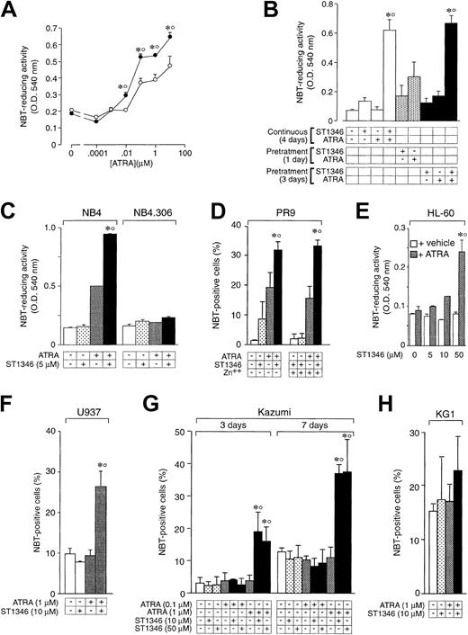 Fig. 3. Influence of the cellular context and exposure schedule on the potentiation of the ATRA-dependent induction of NBT-reducing activity by ST1346. / (A) NB4 cells were treated for 3 days with vehicle (○) or ST1346 (5 μM) (●) in the presence of the indicated concentrations of ATRA. (B) NB4 cells were treated with vehicle, ST1346 (5 μM), ATRA (0.1 μM), or the combination of ATRA + ST1346 (ST1346/ATRA) for the indicated amount of time in days (d). Pretreatment means that ST1346 or ATRA (+) is added to the culture medium for the indicated amount of time. This is followed by a cell-washing step in complete culture medium and subsequent addition of fresh medium containing the complementary compound not present in the pretreatment phase. In the case of ATRA + ST1346, we added a control group in which a washing step was introduced after 3 days of pretreatment (rightmost data bar). (D) PR9 cells were treated with ATRA (1 μM), ST1346 (10 μM), or the combination of the 2 compounds for 3 days in the absence or presence of the PML-RARα transgene inducer zinc sulfate (Zn++; 50 μM). (C,E-H) NB4, NB4.306, HL-60, U937, Kazumi, or KG1 cells were treated with vehicle (control), ST1346 (at the indicated concentrations), ATRA (0.1 or 1 μM), or the combination of ATRA + ST1346 for 3 days (panels C, E, F, and H) or the indicated number of days (panel G). For all the experiments, cells were seeded at a concentration of 200 000/mL and aliquots used for the determination of NBT-reducing activity (panels A, B, C, and E) or the number of NBT+ cells (panels D, F, G, and H). In all cases the cellular viability was above 90%, as assessed by the erythrosin exclusion test. The results are the means ± SD of 3 separate cultures. *Significantly higher than the corresponding group treated with vehicle (P < .01 according to the Studentt test). °Significantly higher than the sum of the effects observed in the corresponding ST1346- and ATRA-treated groups, following 2-way analysis of variance and measurement of the F of interaction (P < .01 according to Tukey test).