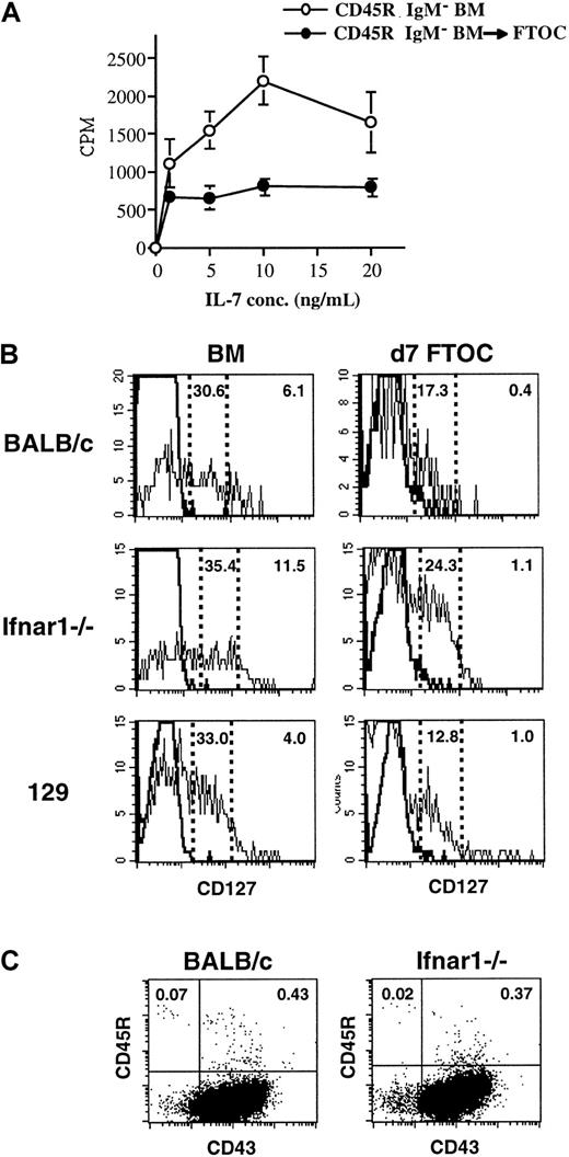 Fig. 4. IL-7 responsiveness and IL-7Ra receptor levels are decreased on B-lineage cells exposed to the thymic microenvironment. / (A) CD45R+sIgM− cells were cultured in FTOC, and 7 days later their proliferative response to increasing concentrations of IL-7 was compared to that of CD45R+sIgM− cells harvested from the BM. The frequency of CD45R+CD43+ cells in each population was determined by FACS, and based on this information, cultures were initiated using the same total number of CD45R+CD43+ cells from each source. (B) Seven days after seeding thymic lobes with 5 × 104CD45R+sIgM− BM cells, CD127 expression on CD45R+CD43+ pro–B cells was examined by FACS. Freshly isolated CD45R+CD43+ pro–B cells from the BM were examined in parallel. Studies were performed using cells from BALB/c (top), Ifnar1−/− (middle), and 129 strain mice. The frequency of high- and low-expressing CD127 cells is indicated in each plot. (C) Frequency of B-lineage cells in the thymus of BALB/c and Ifnar1−/−mice.