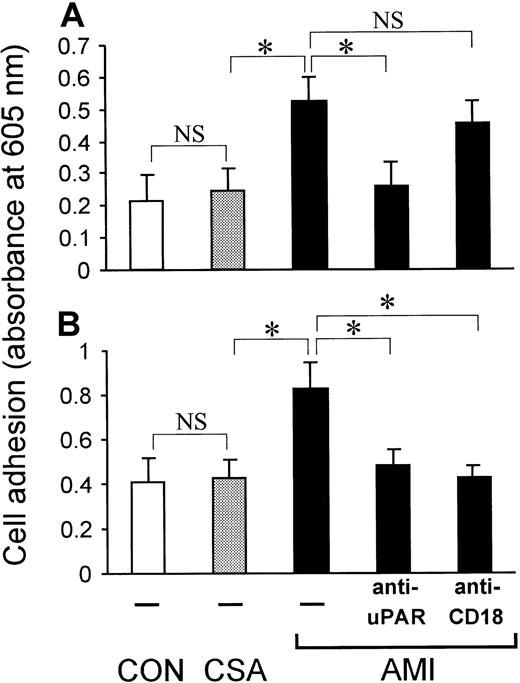 Fig. 5. The uPAR-dependent cell adhesion to fibrinogen and vitronectin in AMI. / Adhesion of MNCs from patients with AMI or CSA or from healthy volunteers (CON; n = 6 in each group) to immobilized vitronectin (A) or fibrinogen (B). Adhesion of cells from patients with AMI was performed in the presence or absence of 20 μg/mL of blocking mAb anti-uPAR (R3) or anti-CD18 (IB4). Values shown are the means ± SEM from 6 independent experiments performed in triplicate using cells from 6 different patients or donors. The asterisk indicatesP < .05. Nonsignificant P values between data sets are indicated with NS.