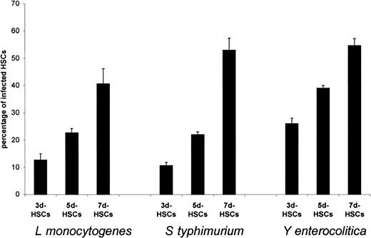 Fig. 4. Comparison of bacterial uptake into 3d-, 5d-, and 7d-HSCs. / Determination of internalized bacteria in human partially differentiated HSCs by light microscopy after Giemsa staining (1 hour after the addition of bacteria). The results from a representative experiment are presented as mean values and SDs (error bars); determination was done in triplicate.