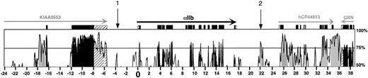 Fig. 1. VISTA/AVID global alignment of the αIIb gene locus. / The homology between the human and mouse αIIb gene locus is shown for homology 50% or more using the VISTA program. The x-axis defines 62 kb of human sequence, whereas the vertical axis indicates the percentage homology between this and the orthologous murine sequence. The 75% homology level, a point halfway between the minimal and maximal homology shown, is denoted. The αIIb gene is located near the center of the figure in a 5′ → 3′ orientation. Annotations for gene nomenclature are indicated and also have their 5′ → 3′ transcriptional direction and exon structure shown. Numbering in kilobase pairs is shown beginning at the transcriptional start site of the αIIb gene (position zero, “0”). The sequences upstream of the αIIb genes' start site are indicated as negative numbers and those downstream as positive numbers. Sequences that are 70% or more identical over a continuous 100-bp stretch have shaded peaks. Stretches of homology extending less than 100 bp are shown but are not shaded. Homology within coding regions is shown in black, within the 5′- or 3′-untranslated regions is striped, and within the intergenic and intronic, noncoding region is shown in gray. The 2 vertical arrows, “1” and “2,” highlight homology regions of potential physiologic importance discussed in this paper. Predicted exons for the newly defined hCP44813 gene are shown above the gray-shaded homology matches, formerly thought to be areas of noncoding sequence. Gray-filled exons within hCP44813 denote predicted alternatively spliced exon locations. GRN indicates Granulin gene.