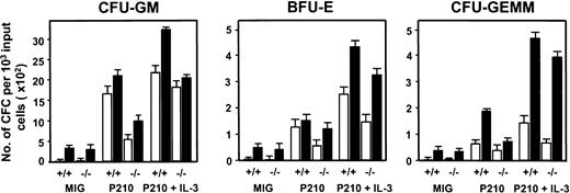 Fig. 4. Reduced numbers of total and factor-independent LTC-IC–derived CFCs from BCR-ABL–transduced IL-3−/− vs +/+ lin−GFP+ cells. / The numbers of LTC-IC–derived CFU-GMs (left panel), erythroid burst-forming units (BFU-Es; middle panel), and CFU-granulocyte/erythroid/macrophage/megakaryocytes (GEMMs) (right panel) able to make colonies in the presence of SF, IL-6, and EPO (▪) or without any added growth factors (□) are shown for the various combinations of target cells and viruses indicated. Values shown are the means ± SEM from 3 experiments each with MIG-, BCR-ABL– and BCR-ABL plus IL-3–transduced +/+ and IL-3−/− cells.