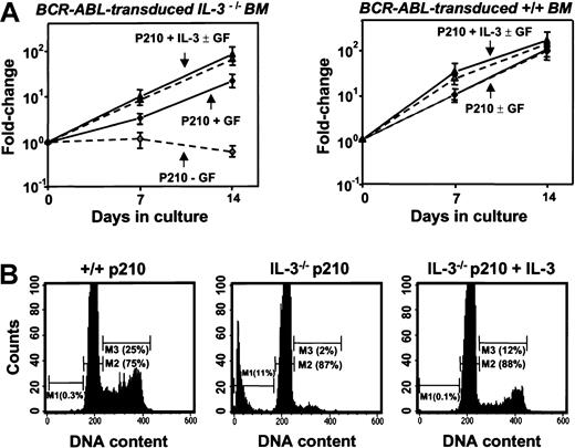 Fig. 8. Loss of growth factor independence by cultured BCR-ABL–transduced IL-3−/− cells. / (A) Growth of cells from expanded clones of BCR-ABL–transduced (diamonds), IL-3−/− (left panel) and +/+ BM cell cells (right panel) in the presence (solid symbols) and absence (open symbols) of exogenous factors (SF and IL-6) compared with data for clones derived from IL-3−/− or +/+ cells cotransduced with BCR-ABL and IL-3 (triangles). Viable cell numbers were determined by hematocytometer counts of trypan blue–excluding cells. Results are expressed as the mean fold-changes compared with input values (± SEM) from 3 independent experiments. (B) DNA profiles of PI-stained cells from representative expanded clones of BCR-ABL–transduced +/+ (left), IL-3−/− (middle), and BCR-ABL– and IL-3–cotransduced IL-3−/− cells (right) assessed after their maintenance for 7 days in the absence of growth factors. Percentage of apoptotic cells (M1) in the G0/G1 (M2) and S/G2/M (M3) phases of the cell cycle were determined using the Cell Quest software (Becton Dickinson).