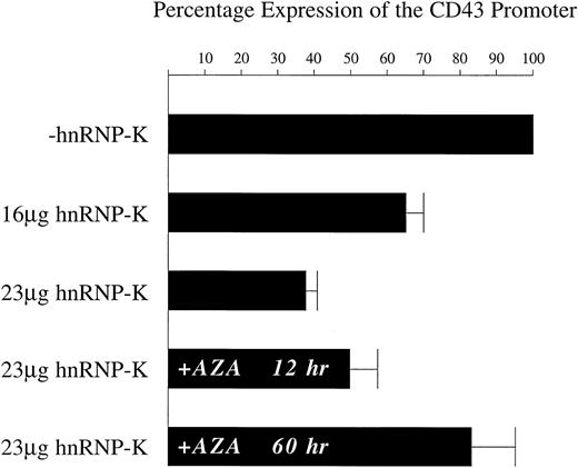 Fig. 6. Repression by hnRNP-K of the CD43 promoter present within chromosomal DNA. / K562 cells were transfected with the linearized plasmid p43Wt/Zeo, which was derived from p43Wt by insertion of thezeocin-resistance gene. K562 cells in which the p43Wt/Zeo plasmid was stably integrated within the genome were selected by treatment with zeocin. The mixed pool of zeocin-resistant cells was then transfected with 2 μg of pRSV-β mixed with either 23 μg of full-length hnRNP-K or 23 μg of its parent vector empty ofhnRNP-K–coding sequences. Transfections were also performed using 9 μg of pRSV-β mixed with either 16 μg of full-length hnRNP-K or 16 μg of its parent. In those experiments in which the role of DNA methylation was assessed, cells were either untreated or pretreated for 48 hours with 5-azacytidine prior to transfection with 2 μg of pRSV-β mixed with either 23 μg of full-length hnRNP-K or 23 μg of its parent. Following all transfections, cells were treated with PMA for 12 hours prior to harvesting and assay of luciferase and β-galactosidase activities. In experiments assessing the influence of DNA methylation, transfected cells, untreated or pretreated with 5-azacytidine, were treated simultaneously with PMA and 5-azacytidine for 12 hours prior to harvesting. The levels of β-galactosidase activity were taken as reflective of transfection efficiency and used to correct the luciferase assay results. The level of luciferase activity directed by the CD43 promoter in the presence of the vector empty of hnRNP-K coding sequences (−hnRNP-K) was assigned a value of 100%. The luciferase levels directed by theCD43 promoter in matched, parallel transfections using full-length hnRNP-K (+hnRNP-K) were calculated as a proportion of the 100% value. The means of these proportional values ± SD resulting from 3 independent experiments are displayed.
