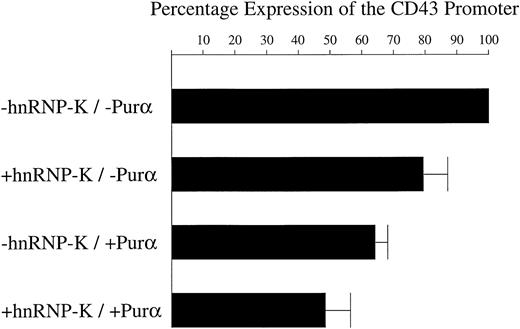 Fig. 8. hnRNP-K and Purα act together to repress theCD43 promoter. / The β-galactosidase expression construct pRSV-β was mixed with 1 of 4 different combinations of plasmids: (1) pHAPur1 and full-length hnRNP-K, which express Purα and hnRNP-K, respectively; (2) pHAPur1 and the empty vector equivalent of full-length hnRNP-K; (3) full-length hnRNP-K and pHA, which represents the empty vector equivalent of pHAPur1; and (4) both empty vectors. These 4 DNA mixtures were then transfected into the mixed pool of K562 cells containing theCD43/luciferase fusion and treated for 12 hours with PMA. Cells were harvested, lysed, and luciferase and β-galactosidase assays performed. The levels of β-galactosidase activity were taken as reflective of transfection efficiency and used to correct the luciferase assay results. Using these corrected values, the level of luciferase activity directed by the CD43 promoter in the presence of the empty vectors was assigned a value of 100%. The level of luciferase activity directed by the promoter in the presence of constructs expressing Purα or hnRNP-K was calculated as a proportion of the 100% value. The means of these levels ± SD resulting from 3 independent experiments are displayed as histograms.