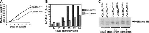 Fig. 4. Cdc25A128Gln alters the growth characteristics of mouse embryo fibroblasts (MEFs). / MEF cultures were established from C57BL/6J embryos (Cdc25A128His) and the congenic strain, B6.C-H7b/By, embryos (Cdc25A128Gln). (A) Growth analysis of MEF cultures. Initially, 1 × 103 cells were plated out. At the indicated times, cells were counted. Procedures at each time point were performed in duplicate. The graph is representative of 3 independent experiments, each using independently derived MEF cultures. Data are averages ± SD. (B) Analysis of S-phase progression in MEF cultures. Cells were grown to confluence and starved at low serum for 24 hours to synchronize the cells in G0/G1. Cells were then split into new media containing serum and grown for the indicated times. Cells were harvested, fixed, and stained with PI. Stained cells were analyzed by flow cytometry, and the percentage of cells in S phase was calculated by using the Multicycle (Phoenix Flow Systems) program. The graph is representative of 3 independent experiments using 3 independently derived MEF cultures for each allele. (C) Analysis of CDK2 H1 kinase activity in MEF cultures. Cells were grown in low-serum media to synchronize cells in G0/G1. Cells were then transferred to new media containing serum and grown for the indicated times. The cells were lysed, and CDK2 was immunoprecipitated. Histone H1 kinase activity was measured.1314 The gel is representative of 2 independent experiments using 2 different independently derived MEF cultures for each allele.