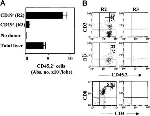Fig. 5. In vitro T-cell potential of 11-dpc liver cell populations established in FTOC. / (A) Purified R2 and R3 cells and total liver cells were first expanded in vitro (ST2 + IL-7, IL-11, SCF) and then seeded on thymic lobes (250 initial cells/lobe). Absolute cell numbers of CD45.2+donor-derived cells/lobe are shown. Data are representative of 3 independent cultures and are expressed as means ± SD of 4-8 lobes/bar. (B) Shown are 2-color FACS dot plots of thymocyte populations recovered at the end of FTOC assays seeded with purified R2 and R3 cell populations. FITC anti-CD3ε and anti–αβ-TCR, PE anti-CD8, Cy5 anti-CD4, and biotinylated anti-CD45.2 mAbs were used. Stainings and FACS analyses were as described in Figure 2A. The numbers inside the plots show the cell percentages in the corresponding quadrants.