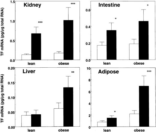 Fig. 5. Induction of TF mRNA by restraint stress in obese and lean mice. / Six-week-old male obese mice and their lean counterparts were stressed in restraint tubes for 20 hours. Mice were killed and the indicated tissues were removed. Total tissue RNA was prepared and analyzed for TF mRNA expression level by quantitative RT-PCR. The data are expressed as the means and SD (n = 8) in each phenotype. ■ represents level before stress; ▪, after 20 hours of restraint stress. *P < .05; **P < .04; ***P < .02.