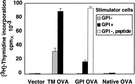 Fig. 2. GPI anchor–negative cells do not present antigenic peptides of GPI-anchored proteins on MHC class II molecules. / CD4+ T cells isolated from a TCR-transgenic mouse (OTII) were mixed with EL4 cells transfected with various forms of OVA and treated with mitomycin C. Proliferation was assessed on day 4. TM-OVA indicates EL4 cells transfected with the transmembrane form of OVA; GPI-OVA, EL4 cells transfected with GPI-anchored OVA; native OVA, EL4 cells transfected with native OVA; vector, vector-transfected EL4 cells; ▨, EL4 cells defective in GPI anchor biosynthesis; ▪, EL4 cells with normal GPI anchor biosynthesis; and ■, GPI− EL4 cells pulsed with OVA peptide. Data (mean + SD of duplicate samples) were from a representative of 7 experiments, all with similar results.