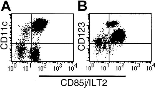 Fig. 4. CD85j (ILT2) expression on CD56-depleted Lin−HLA-DR+ PBMCs. / (A) CD11c labeling demonstrates heterogeneous CD85j expression within both the CD11c+ and CD11c− compartments. (B) The CD123hi subset is CD85j+, indicating that the CD34+ subset lacks CD85j expression.