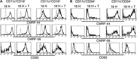 Fig. 7. Induction of the DC-associated differentiation/activation antigens CMRF-44, CMRF-56, and CD83 on cultured Lin− cells. / Sort-purified CD11c+ and CD11c− populations were cultured for 18 hours in the presence of GM-CSF and IL-3 with or without allogeneic T lymphocytes. Following culture, cells were harvested and stained with biotinylated CMRF-44 or CMRF-56, or purified CD83 mAb followed by biotinylated anti–mouse IgG. Biotinylated antibody was detected with PE- or PE-Cy5–conjugated streptavidin, in conjunction with PE-Cy5– or PE-conjugated CD16 or CD34 for the (A) CD11c+ and (B) CD11c− populations, respectively. CD11c+CD16−, CD11c+CD16+, CD11c−CD34+, and CD11c−CD34− populations were gated and examined for their expression of activation antigens (solid lines). Dashed lines represent negative control antibody staining.
