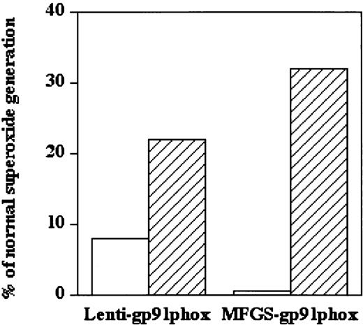 Fig. 2. Effect of growth factor stimulation on lentivector- or oncoretrovirus vector–mediated ex vivo functional correction of oxidase activity in X-CGD CD34+PBSCs. / Shown is oxidase activity at 17 days of culture following a single 7-hour transduction of nondividing or proliferating X-CGD CD34+PBSCs using either third-generation SIN lentivector–gp91phox or MFGS–gp91phox (average of 2 experiments). For the first 2 days of culture, including transduction on day 1, PBSCs were maintained in FLT3-L (50 ng/mL) alone (proliferation nonpermissive conditions, ■) or in the 5-cytokine combination (proliferation-permissive conditions, ▨). Twenty-four hours after transduction, all cells were switched to fresh medium containing the 5-cytokine combination. PMA-stimulated superoxide generation (chemiluminescence assay) is expressed as percentage of the stimulated oxidase activity of a similar 17-day culture of normal CD34+PBSCs. Negative control: nontransduced X-CGD CD34+PBSCs at 17 days of culture demonstrated PMA-stimulated superoxide generation that was 0.3% of the normal control (not shown).