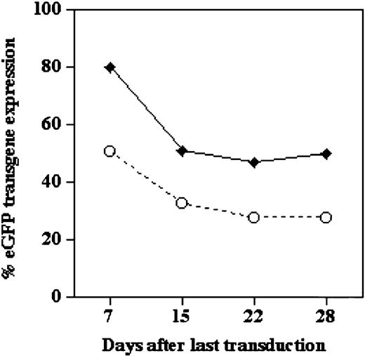 Fig. 5. Expression of eGFP in cultured normal CD34+PBSCs under optimum conditions for ex vivo transduction with lentivector or oncoretrovirus vector. / Shown is analysis over 28 days of culture of the percentage of normal CD34+PBSC expressing eGFP following 3 daily 7-hour transductions using 3rd-generation SIN lentivector–eGFP (○) or MFGS–eGFP (♦) under conditions stimulating proliferation (5 cytokines). Cells were analyzed by flow cytometry, and data were expressed as the percentage of cells that show greater fluorescence than the 99th percentile of nontransduced cells in similar cultures. Results are representative of 6 experiments.