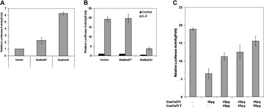 Fig. 5. Activated Stat5 directly mediates the IL-3 induction of enhanced RAR transcriptional activity in EML cells. / (A) Uninduced EML cells were electroporated with the βRARE-tk-Luc reporter (25 μg) together with expression vectors (40 μg of each) for wild-type Stat5 (Stat5aWT) or the constitutively active Stat5 (Stat5aHS). Following overnight incubation, the cells were harvested and relative luciferase activity was determined on cell extracts using the β-galactosidase reporter (20 μg) as an internal control. (B) SCF-dependent EML cells were incubated overnight in the presence or absence of IL-3 (5 ng/mL) as indicated. The cells were then electroporated with the βRARE-tk-Luc reporter (25 μg) together with expression vectors for the indicated Stat5a constructs (40 μg of each). The electroporated cells were then cultured with or without IL-3 for an additional 5 hours, and relative luciferase activity was determined on cell extracts using a β-galactosidase reporter (20 μg) as an internal control. For panels A and B, results represent the averages and SDs from at least 3 independent experiments. (C) SCF-dependent EML cells were stimulated overnight with IL-3. These cells were electroporated with the βRARE-tk-Luc reporter (25 μg) together with the indicated amount of the different Stat5a expression vectors. The cells were then cultured for an additional 5 hours in IL-3 and the relative luciferase activity determined. Results represent the averages and SDs from triplicate samples.