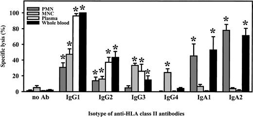 Fig. 4. Killing of lymphoma cells by chimeric antibodies. / Lysis of ARH-77 lymphoma cells was measured in 3-hour 51Cr release assays, using 1 μg/mL of the indicated chimeric isotypes of HLA class II antibody F3.3. Unseparated blood (whole blood) served as effector source, which was then fractionated into polymorphonuclear (PMN) or mononuclear (MNC) effector cells or into complement-containing plasma to identify effector mechanisms of chimeric antibodies. Isolated PMNs or MNCs were used at an effector-to-target-cell ratio of 40:1. Data are presented as mean percentage specific lysis ± SEM from at least 4 independent experiments. Significant (P < .05) antibody-mediated lysis is marked by an asterisk (*).