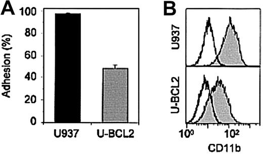 Fig. 5. Bcl-2 overexpression blocks TPA-induced differentiation of U937 cells. / (A) Adhesion of parental (black bar) and Bcl-2–transfected (gray bar) U937 cells exposed for 72 hours to 20 nM TPA (mean ± SD of 3 experiments in duplicate). (B) Flow cytometry analysis of CD11b expression on the plasma membrane of cells left untreated (white curves) or exposed for 72 hours to 20 nM TPA (gray curves). 1 representative of 3 experiments is shown.