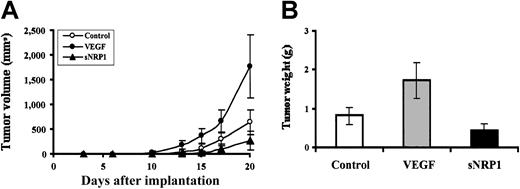 Fig. 3. The effects of VEGF and sNRP-1 supplementation on chloroma growth in vivo. / (A) Tumor volume curves. M1 cells (2 × 106 per mouse) were injected subcutaneously into SCID mice. NMuMG-encapsulated (○), NMuMG/VEGF-encapsulated (●), and NMuMG/sNRP-1–encapsulated (▴) cells (5 × 105 cells per mouse) were injected at the site of M1 cell injection, 72 hours later. The mice (10 per group) were followed for tumor volumes at the indicated times. (B) Final tumor weights. Tumors were harvested 21 days after M1 cell injection and weighed. The average weight and standard deviations were calculated for NMuMG (control), NMuMG/VEGF (VEGF), and NMuMG/sNRP-1 (sNRP-1) groups.
