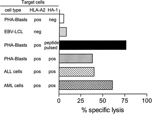 Fig. 4. The cytotoxic activity of HA-1–specific CTLs restricted by nonself HLA-A2 molecules against HLA-A2+ and HLA-A2− target cells that naturally express the HLA-A2/HA-1 ligand. / The indicated target cells were used as hot targets for the allo–HLA-A2–restricted HA-1–specific CTLs in the presence of cold K562 cells or HLA-A2+, HA-1− EBV-LCLs (cold target cell–to–hot target cell ratio = 20). The results are expressed as the mean value of the duplicate cultures at an effector-to–hot target cell ratio of 1:1.