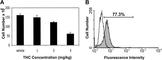 Fig. 5. THC treatment leads to reduced tumor burden and tumor-cell apoptosis in vivo. / C57BL/6 mice were injected IP on day 0 with 1 × 106 EL-4 tumor cells. On day 10, the mice were treated with various doses of THC (1, 3, or 5 mg/kg IP) or the vehicle. One day later, the peritoneal cavity was flushed with 5 mL PBS, and the tumor cells were collected by aspiration. (A) The cell number was determined by trypan blue dye exclusion. The data represent the mean ± SEM from groups of 3 mice. (B) The tumor cells recovered from the peritoneal cavity were tested for apoptosis using the TUNEL method. Filled histogram shows tumor cells exposed to THC and open histogram shows cells exposed to the vehicle.