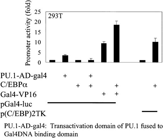 Fig. 5. C/EBPα inhibits the transactivation capacity of the PU.1 activation domain. / Transient transfection in 293T cells with expression plasmids of C/EBPα, activation domain of PU.1 fused to the DNA-binding domain of Gal4, and Gal4-VP16. A minimal promoter with Gal4 DNA-binding sites only (pGal4-luc) was used as reporter construct. p(C/EBP)2TK was used as a control reporter for C/EBPα. Luciferase activities were measured 24 hours after transfection.