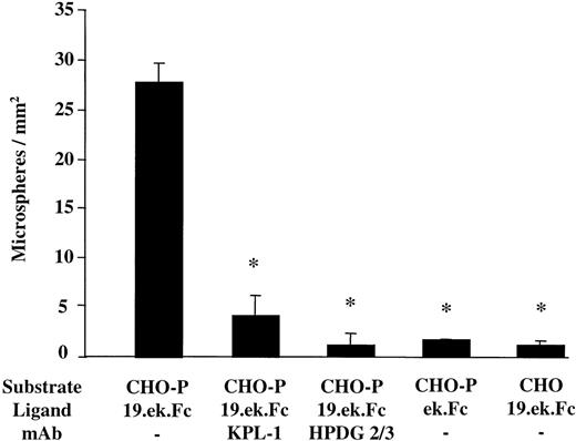 Fig. 2. The 19.ek.Fc microspheres exhibit specific adhesion to CHO-P in vitro. / The 2-μm 19.ek.Fc or ek.Fc microspheres were drawn over CHO-Ps or CHOs (negative control). In certain cases the substrate or the microspheres were pretreated with mAbs. After a set amount of time, the number of microspheres adherent to the cellular monolayers was determined. Substrate indicates CHO-P or CHO cell monolayer; ligand, which molecule was on the microsphere; mAb, pretreatment of the microsphere or substrate with the indicated mAb. KPL-1 is an antihuman PSGL-1 mAb used on the microspheres. HPDG2/3 is an antihuman P-selectin mAb used on the CHO-P cells; shear stress = 1 dyne/cm2, n ≥ 3; *P < .05; all of the adherent microspheres were firmly adherent.