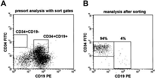 Fig. 1. Flow sorting of CD34+CD19−cells. / (A) Presort analysis and sort gates for CD34+CD19− and CD34+CD19+ cells in the leukemic bone marrow of patient no. 1523/00. (B) Reanalysis of flow-sorted CD34+CD19− cells from patient no. 1523/00 showing a purity of 94% and 4% contaminating CD19+ cells (sorter errors). The fluorescence intensity for CD34–fluorescein isothiocyanate was always lower on reanalysis, as expected from the initial sort gates.