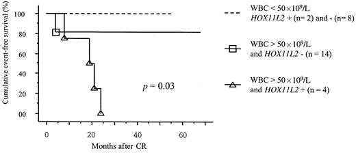 Fig. 4. Event-free survival curves of patients stratified by WBC and expressing or not HOX11L2. / Note that curves of patients expressing and not expressingHOX11L2 are superimposed in the WBC < 50 × 109/L group.