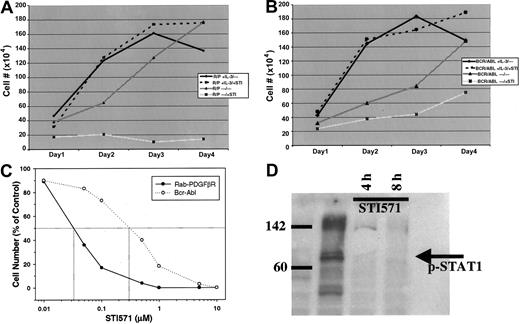 Fig. 2. Effects of STI571 on RAB5EP-PDGFBR– andbcr-abl–transformed Ba/F3 cells. / RAB5EP- PDGFBR–transformed (A) andbcr-abl–transformed (B) BaF3 cells were incubated at 2 × 105 cells/mL, with or without murine IL-3 (1 ng/mL), in the presence or absence of STI571 (10 μM). Viable cells were counted daily to assess cell growth, with each treatment being done in triplicate. (C) Dose response for STI571 after 48 hours of incubation for bcr-abl and RAB5EP-PDGFBR. (D) Western blot for phosphorylated (activated) form of STAT1 at baseline and 4 and 8 hours after addition of STI571 (10 μM).