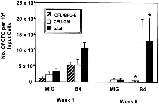 Fig. 3. Yield of clonogenic progenitors in liquid expansion culture. / At weeks 1 and 6 the number of granulocyte-macrophage and erythrocyte colony-forming units generated by B4-GFP– and GFP-transduced (MIG) progenitors cultured in serum-free medium supplemented with IL-3, IL-6, G-CSF, FL, and SF were quantified by plating aliquots of cells into methylcellulose and determining the number and morphology of colonies after 14 days (n = 3). *P < .01.